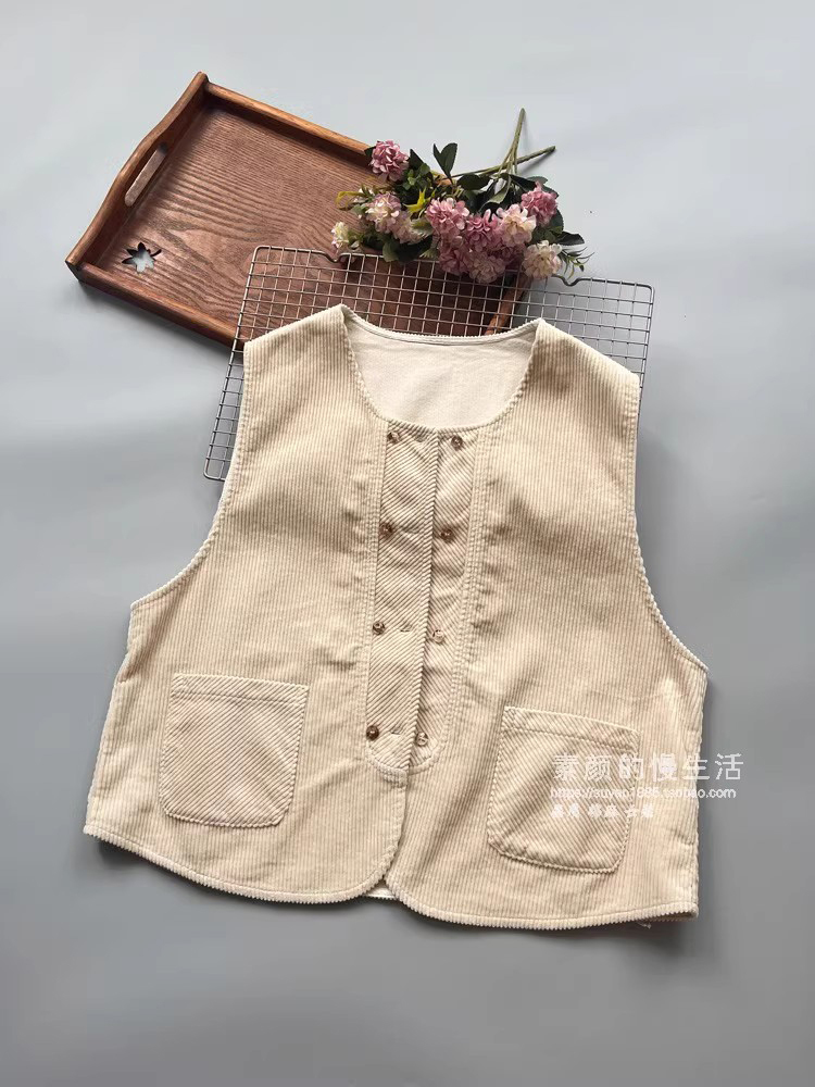 경관 그림 2026 봄 가을 신제품 레트로 루즈핏 캐주얼 다용도 단색 주머니 이중 버튼 코듀로이 조끼 여자