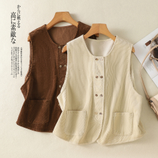 批发实拍 2026春秋新品复古宽松休闲<b class='q'>百搭</b>纯色口袋双排扣灯芯绒马甲女