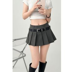 批发晨领TR纬弹高腰洋气百搭送腰带百褶裙显瘦A字半身裙迷你短裙