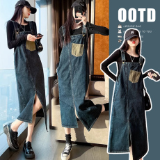 批发2026孕妇春装牛仔宽松背带裙+黑色长袖上衣两件套拼接背带裙