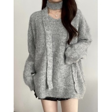 批发实拍大码 韩版秋冬v领挂脖飘带宽松慵懒风中长款腰带毛衣