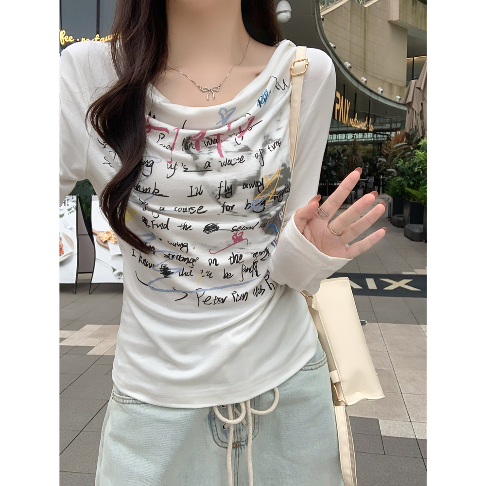 PF29756#长袖T恤女修身连帽印花上衣女裝貨源服裝批發