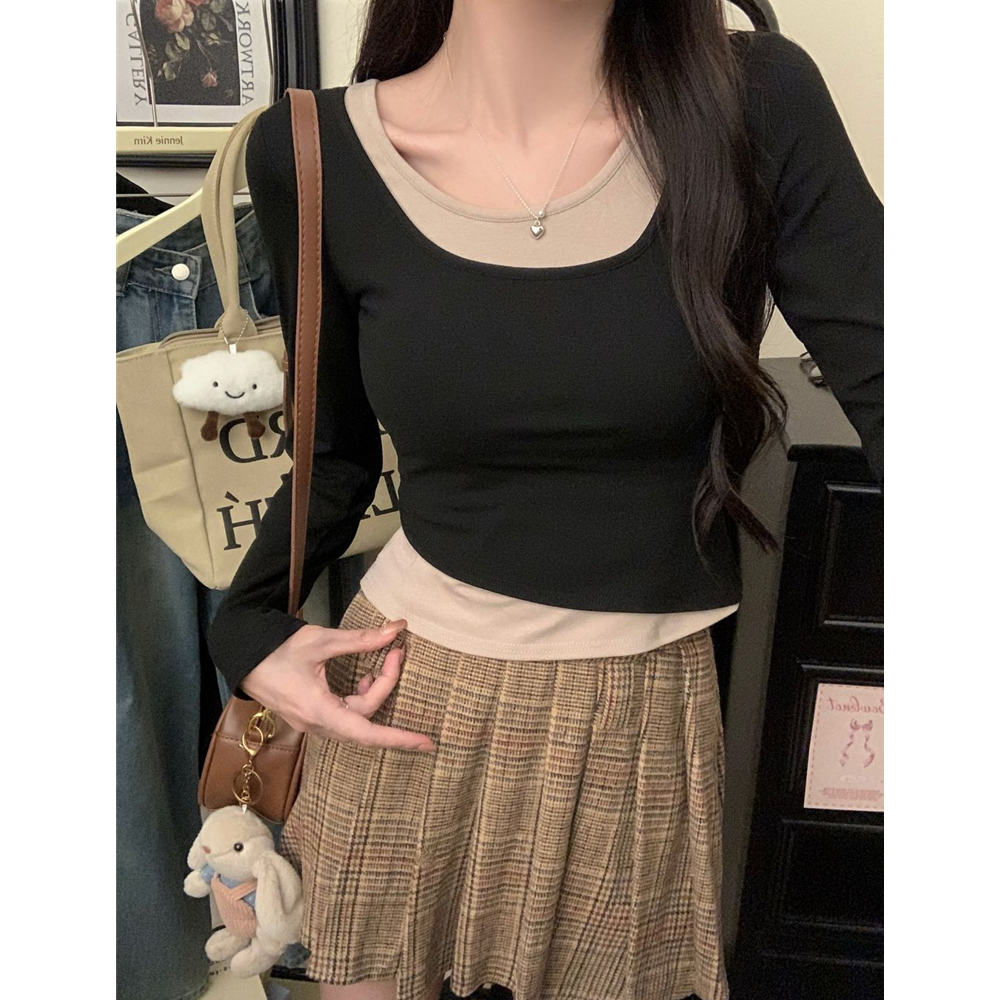 PF29757#纯棉长袖T恤假二件叠穿上衣女裝貨源服裝批發