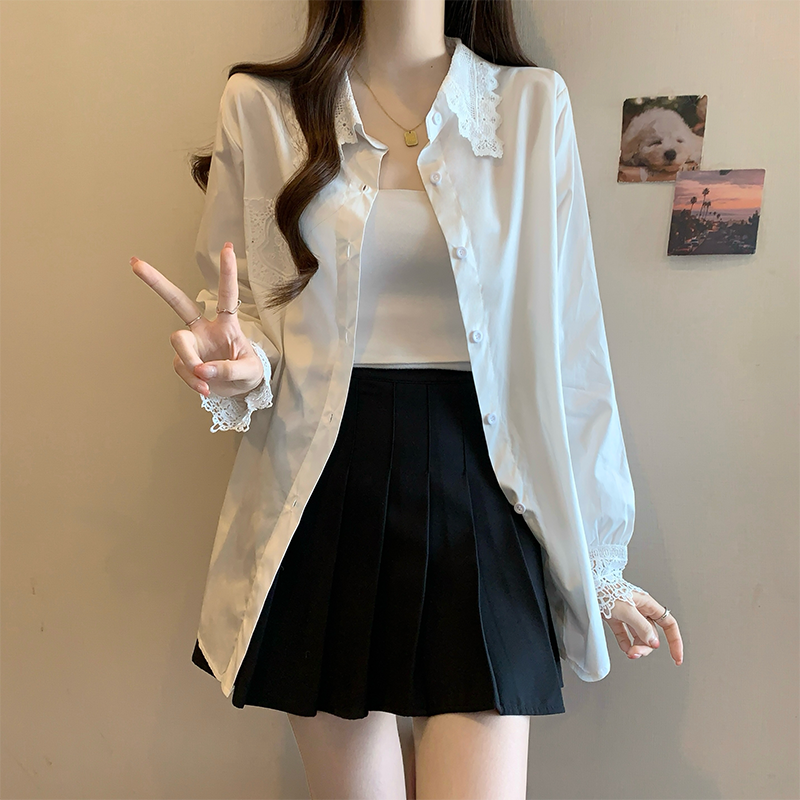 MY1287# 大码女装纯白色蕾丝装饰白色衬衣上衣百搭女裝貨源服裝批發