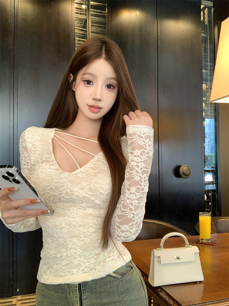 PF29731#复古性感斜肩带V领修身显瘦内搭 蕾丝衫打底上衣女女裝貨源服裝批發
