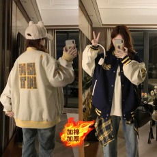 批发实价美式撞色秋冬款夹棉加厚<b class='q'>外套</b>情侣高街小众宽松棒球服<b class='q'>夹克</b>上衣