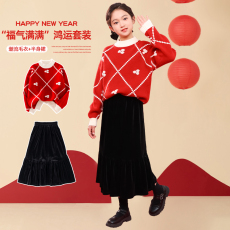 批发女童毛衣秋冬2026新款洋气中大童红色针织上衣冬季甜美儿童两件套
