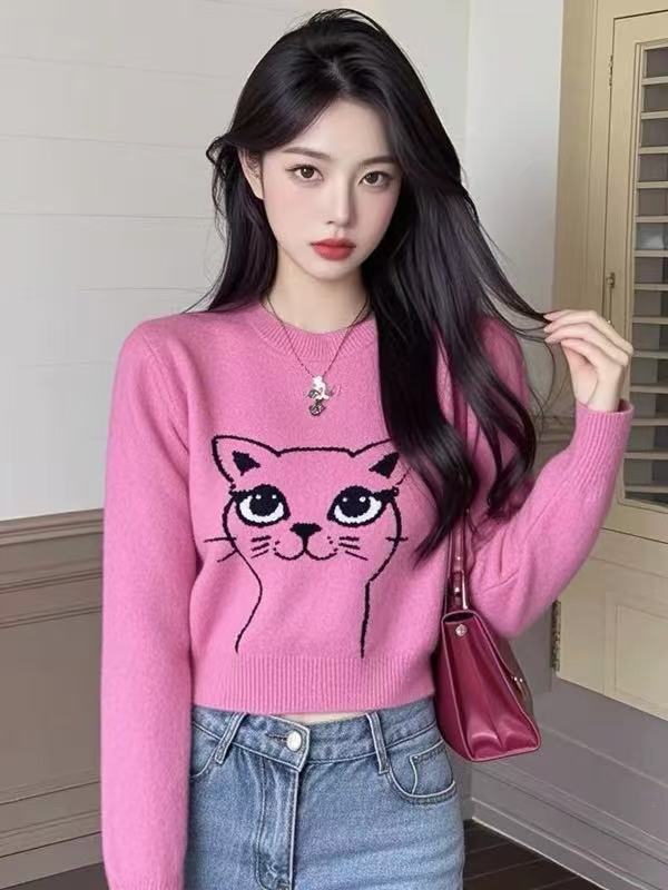 PF29885#小个子秋冬季玫红色圆领卡通猫咪印花毛衣高级感穿搭上衣ins女裝貨源服裝批發
