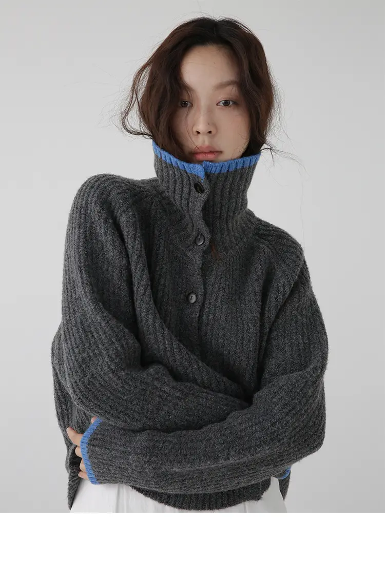 배색 라운드넥 단추 울 가디건