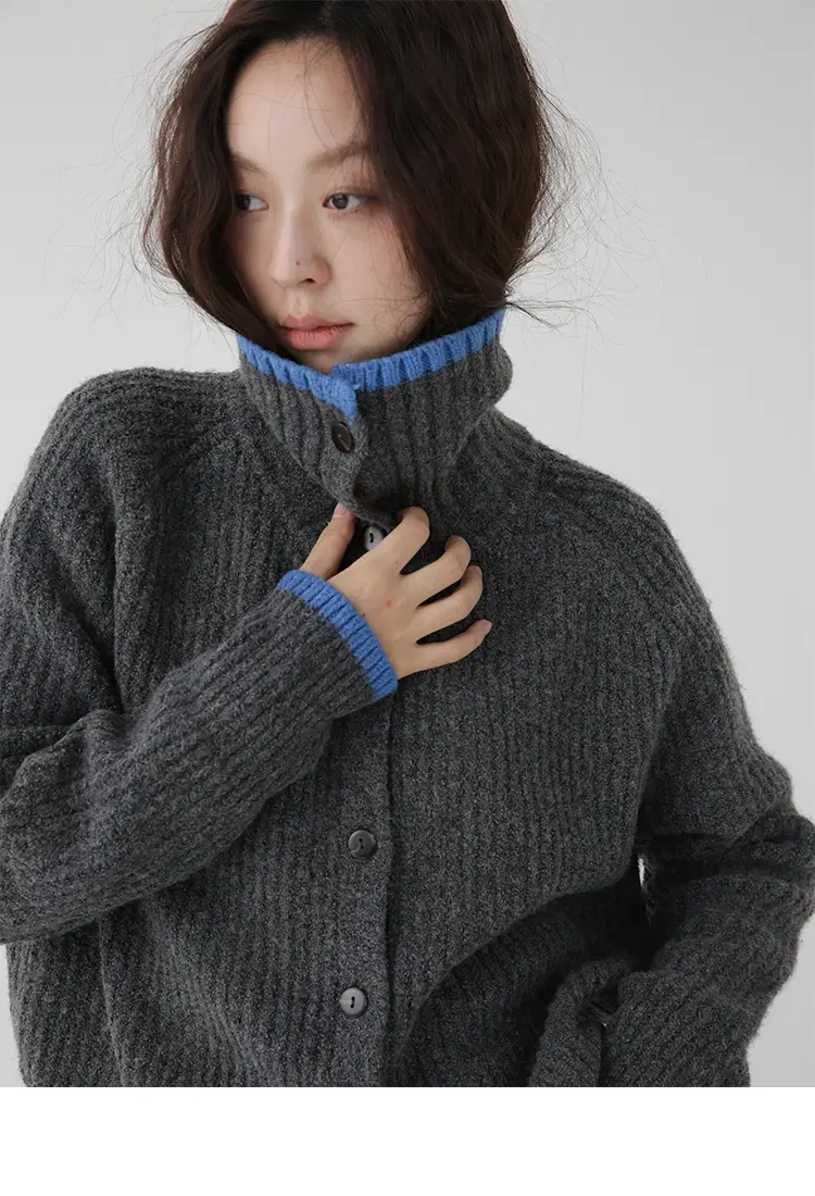 배색 라운드넥 단추 울 가디건 상세 이미지 6