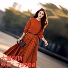 批发大品牌外贸<b class='q'>原</b><b class='q'>单</b>女装撤专柜南瓜橘色针织连衣裙收腰显瘦法式长裙子