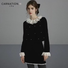 批发优质丝绒富家千金感穿搭套装裙花边领钉珠上衣+A字半身裙