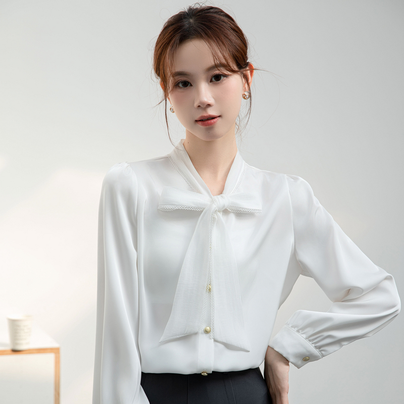 실사 2026 화이트 긴팔 시폰 셔츠 여성 도루 센스 한 부서 리본 맨위 부드러운 바람 셔츠