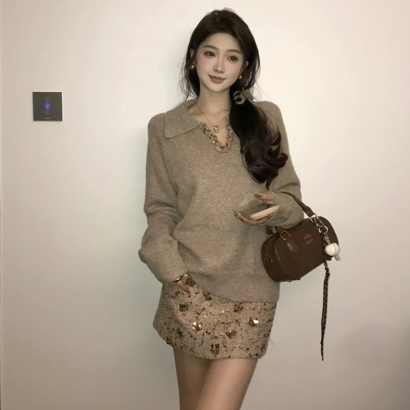 PF29668#法式复古v领套头毛衣女宽松慵懒风高级感打底内搭短款针织衫女裝貨源服裝批發