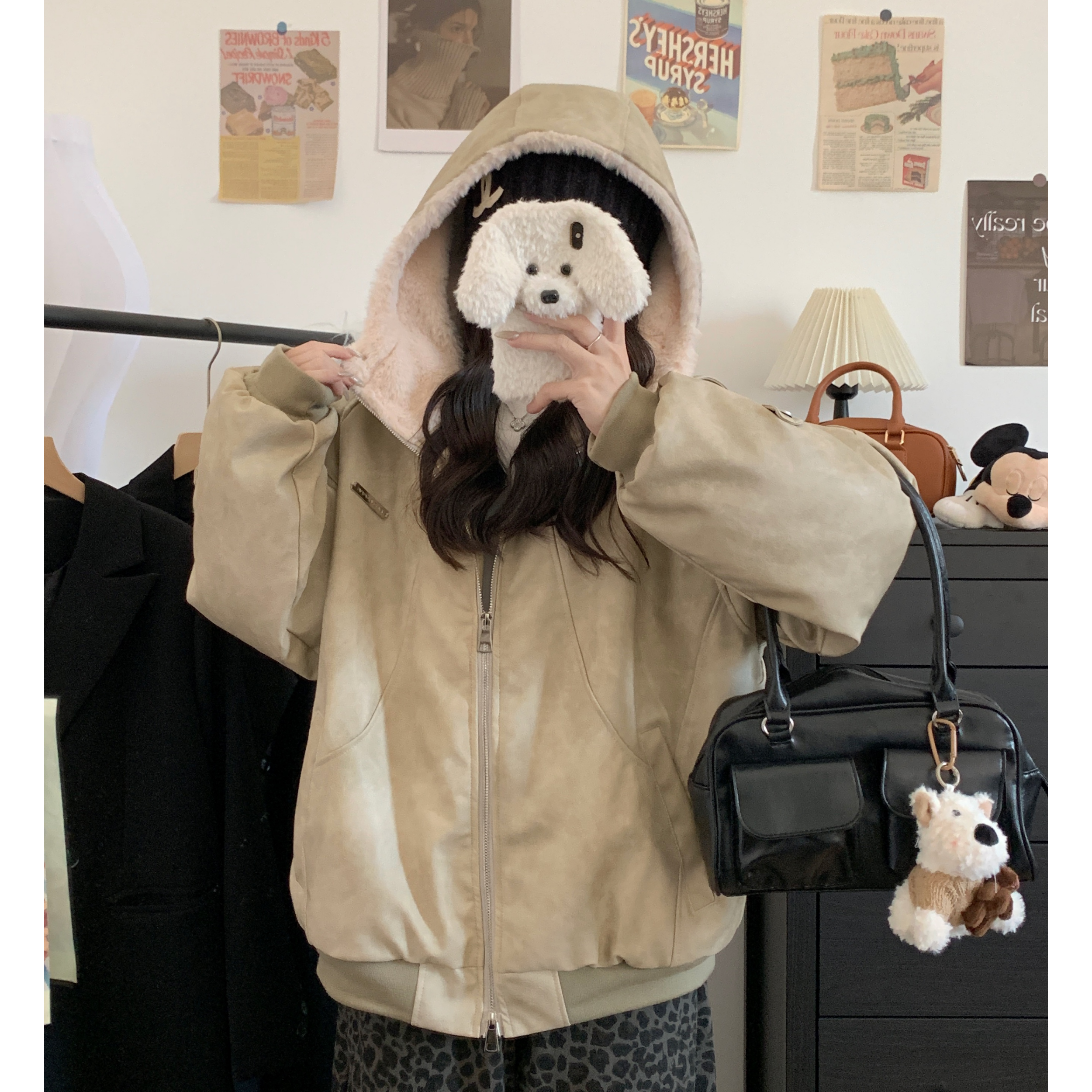 실사 아메리칸 레트로 모방 토끼털 pu 가죽 표면 면 옷 여성 코트 겨울 털이 있는 보온 커플 후드 재킷 트렌디