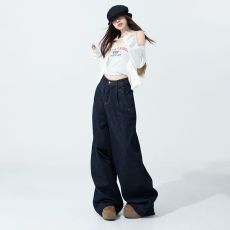 批发理想春日穿搭｜时尚模范生｜宽松遮肉牛仔原色阔腿<b class='q'>裤</b>
