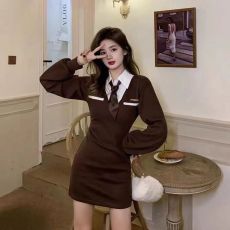 批发春季新款高腰学院风翻领包臀短裙子假两件拼接<b class='q'>衬衫</b>长袖连衣裙女士