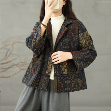 批发实拍秋冬新款复古<b class='q'>棉麻</b>印花宽松显瘦百搭夹棉外套减龄棉服女