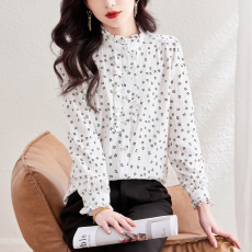 批发实拍印花双层棉纱<b class='q'>长袖</b>春款木耳边立领<b class='q'>女士</b><b class='q'>衬衫</b>洋气百搭<b class='q'>长袖</b>上衣