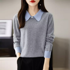批发法式上衣翻领<b class='q'>针织衫</b>女宽松套头毛衣外穿纯羊毛打底衫2026早春新款