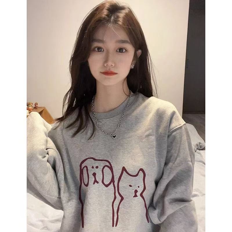 PF29728#趣味印花卫衣灰色百搭加绒加厚上衣大卫衣女裝貨源服裝批發
