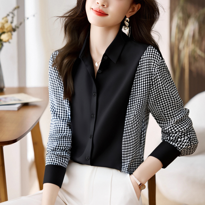 실사 외국 가스 캐주얼 봄 가을 새로운 여성 의류 폴로 칼라 패치워크 쉬폰 블라우스 맨위 오픈 가디건 셔츠 기본 셔츠 셔츠