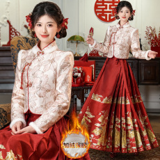 批发实拍新中式婚宴喜庆提花毛边加厚上衣一片式妆花织金马面裙两件套