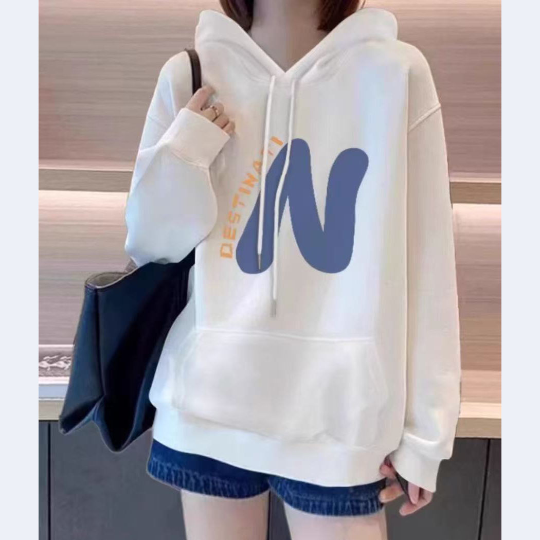 PF29726# 高品质 含棉 华棉复合 cvc罗纹 连帽印花卫衣女情侣 常规 加绒女裝貨源服裝批發