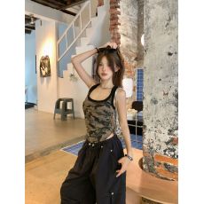 批发<b class='q'>莫代尔</b>人棉260克 美式辣妹迷彩拼色背心吊带女夏季
