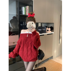 实拍实价 一字肩毛衣女秋冬软糯加厚马海毛上衣新年跨年穿搭