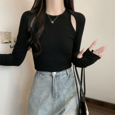 批发韩国外贸德绒新款实拍韩版纯色设计感女长袖<b class='q'>T</b><b class='q'>恤</b>女港风假两件百搭