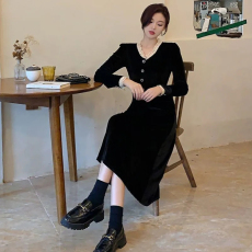 批发韩国<b class='q'>外贸</b><b class='q'>大码</b>气质女神法式收腰显瘦长袖春季新款连衣裙金丝绒黑裙