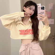 批发韩国外贸 字母印花<b class='q'>T</b><b class='q'>恤</b>女早春季新款修身撞色辣妹短款长袖绑带上衣