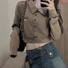 批发韩国外贸韩版复古polo领<b class='q'>短款</b><b class='q'>卫衣</b>女春季新款辣妹洋气长袖上衣