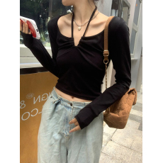 批发外贸设计感小众打底衫女内搭长袖<b class='q'>t</b><b class='q'>恤</b>纯欲风圆领抽绳短款别致上衣