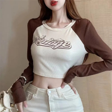 批发韩国外贸复古字母印花<b class='q'>T</b><b class='q'>恤</b>女新款修身撞色辣妹短款长袖绑带上衣