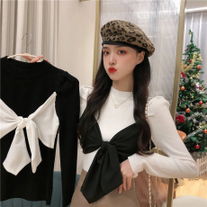 批发韩国外贸韩版春季新款长袖<b class='q'>T</b><b class='q'>恤</b>女蝴蝶结上衣修身打底衫百搭上衣