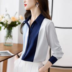 批发实拍洋气春秋新款女装翻领缎面拼接仿真丝<b class='q'>雪纺</b><b class='q'>衫</b>上衣开衫衬衫衬衣