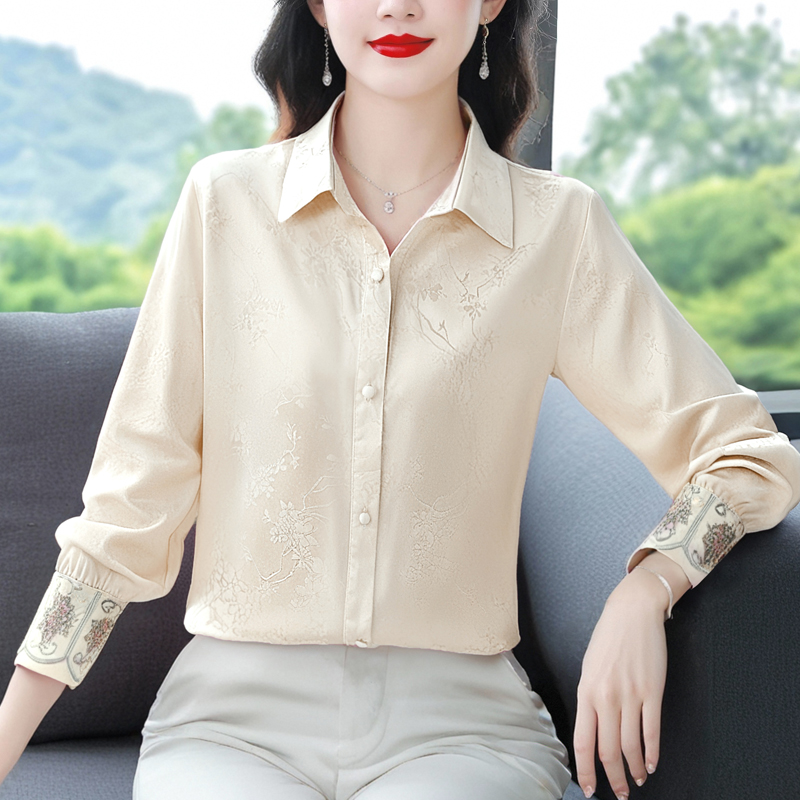 PF29776# 新中式醋酸缎面提花衬衫女复古国风唐装上衣设计长袖衬衣女裝貨源服裝批發