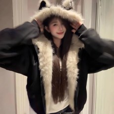 批发黑色麂皮毛领夹棉座山雕猫耳朵外套男女秋冬季加厚<b class='q'>情侣装</b>棉衣棉服