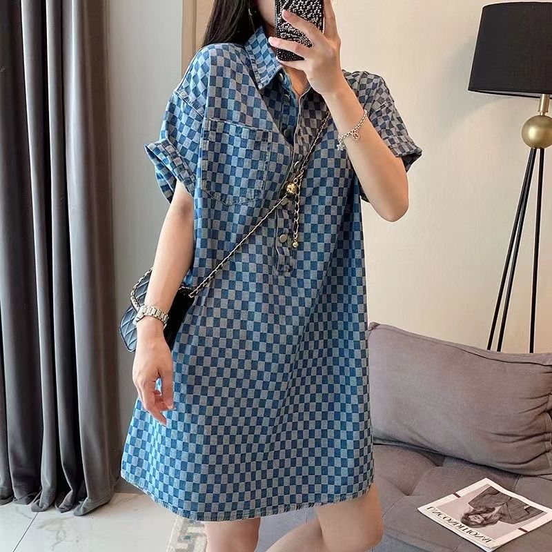 PF29735#欧货格子牛仔连衣裙女夏季中长款宽松短袖t恤裙子新款欧洲站女裝貨源服裝批發
