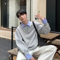 批发美式<b class='q'>简约</b>复古假两件衬衫领卫衣男秋季宽松休闲学院风长袖上衣外套