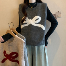 批发实拍批发价 2025新款百搭韩版圆领蝴蝶结刺绣保暖<b class='q'>背心</b>马甲毛衣