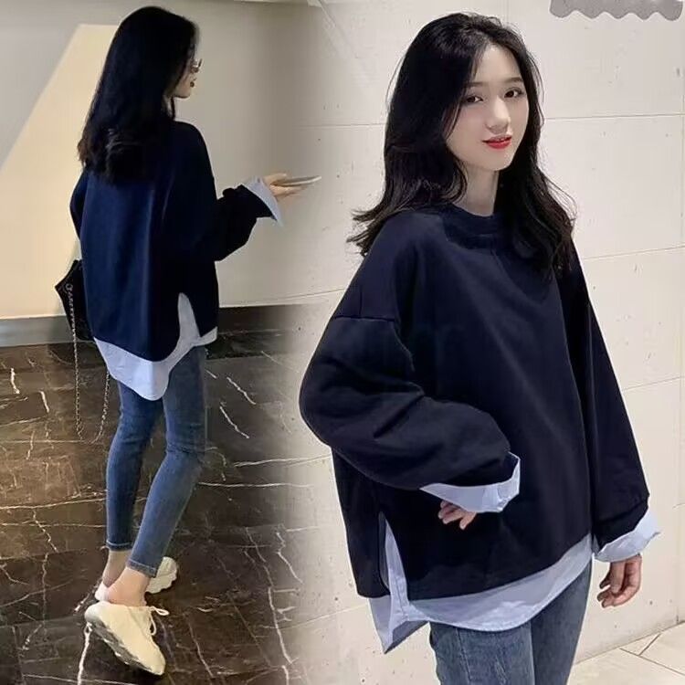 PF29736#华棉复合牛奶丝假两件卫衣女宽松设计感小众打底上衣女裝貨源服裝批發