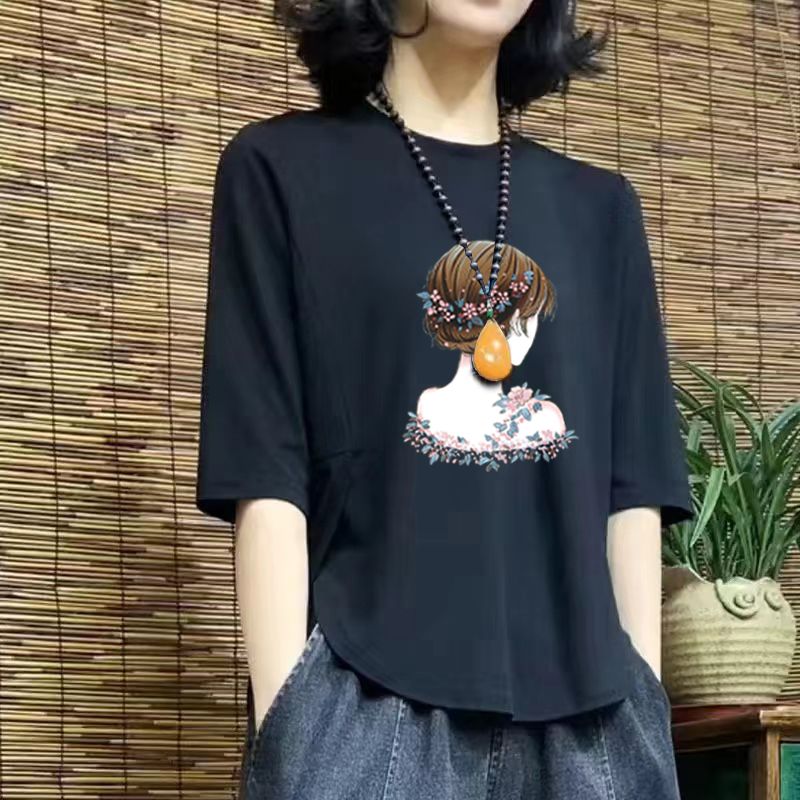 PF29737#大码纯棉高档遮肉不规则t恤女新款中袖拼接洋气上衣夏装小衫女裝貨源服裝批發
