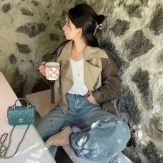 批发清仓特价 不退不换 小众气质高级感拼接PU袖撞色短款风衣外套