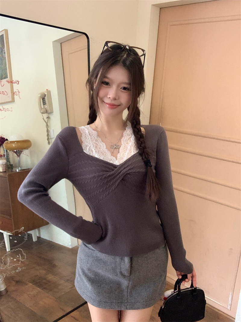 MY15330# 新款蕾丝拼接长袖针织衫女v领假两件打底上衣女裝貨源服裝批...