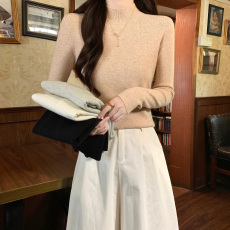 批发实拍包芯纱长袖<b class='q'>t</b><b class='q'>恤</b>女装潮纯色2025秋冬短款修身打底衫半高领上衣