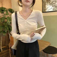 批发韩国外贸春季新款韩版V领打底衫长袖<b class='q'>T</b><b class='q'>恤</b>女设计感修身内搭短款上衣