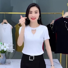 批发设计感钉珠短袖t恤女2025夏季新款时尚螺纹百搭显瘦遮肉休闲上衣